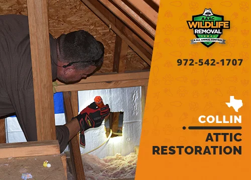 Wildlife Pest Control operator inspecting an attic in Collin & Rockwall before restoration