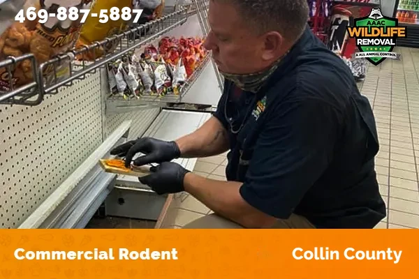 Rodent Pest Control operator setting rodent traps in a commercial building in Collin County