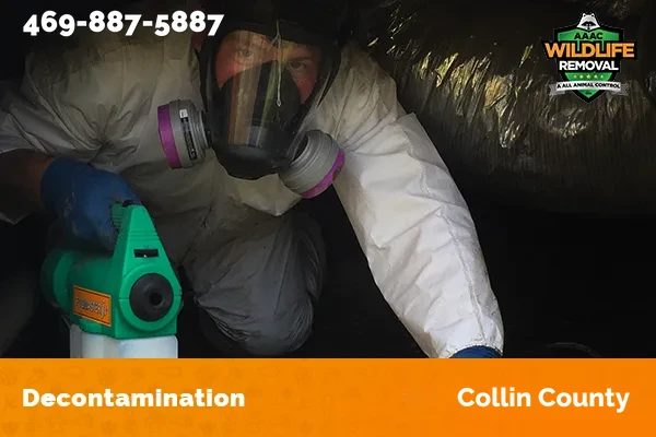 Nuisance Wildlife Operator decontaminating an attic in Collin County